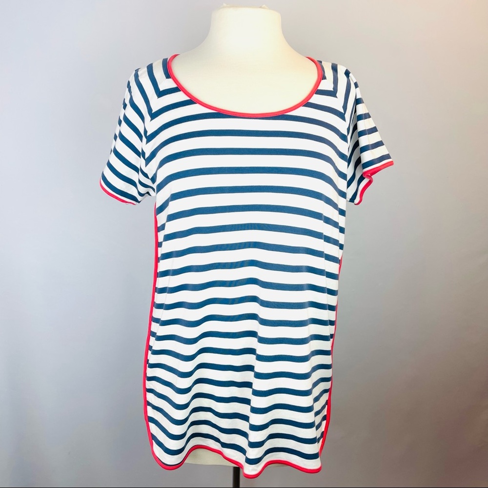 LAKE Striped Navy Blue and White with Red Piping Top Pima Cotton Sz L